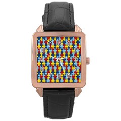 Fuzzle Red Blue Yellow Colorful Rose Gold Leather Watch 