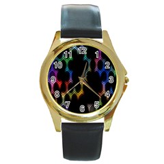 Grid Light Colorful Bright Ultra Round Gold Metal Watch by Mariart