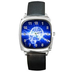 Lightning Brain Blue Square Metal Watch