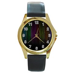 Line Rain Rainbow Light Stripes Lines Flow Round Gold Metal Watch