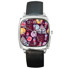 Boho Tribal Watercolor Pattern  Square Metal Watch by paulaoliveiradesign