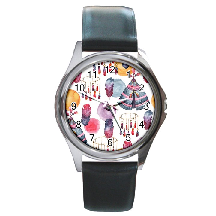 Boho Tribal Watercolor White Pattern Round Metal Watch