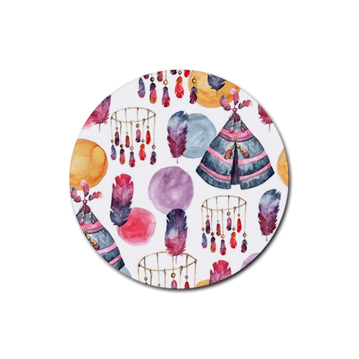 Boho Tribal Watercolor White Pattern Rubber Round Coaster (4 pack) 