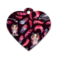 Boho Owl And Feather Pattern Dog Tag Heart (one Side) by paulaoliveiradesign