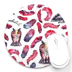 Boho Owl And Feather White Pattern Round Mousepads by paulaoliveiradesign