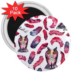 Boho Owl And Feather White Pattern 3  Magnets (10 Pack)  by paulaoliveiradesign