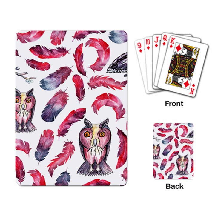 Boho Owl and Feather White Pattern Playing Card