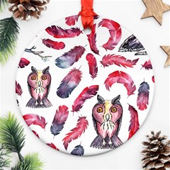 Boho Owl And Feather White Pattern Round Ornament (two Sides) by paulaoliveiradesign