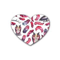 Boho Owl And Feather White Pattern Rubber Coaster (heart)  by paulaoliveiradesign