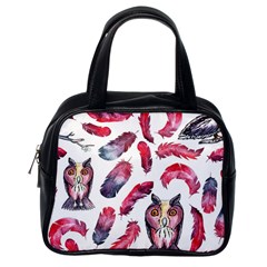 Boho Owl And Feather White Pattern Classic Handbags (one Side) by paulaoliveiradesign