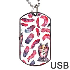 Boho Owl And Feather White Pattern Dog Tag Usb Flash (one Side) by paulaoliveiradesign