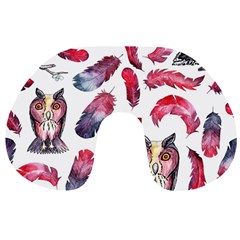 Boho Owl And Feather White Pattern Travel Neck Pillows by paulaoliveiradesign