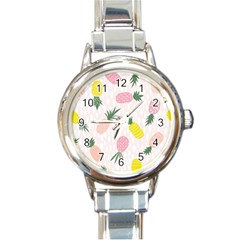 Pineapple Rainbow Fruite Pink Yellow Green Polka Dots Round Italian Charm Watch by Mariart