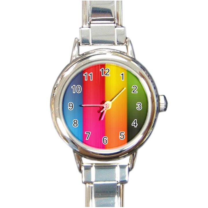 Rainbow Stripes Vertical Lines Colorful Blue Pink Orange Green Round Italian Charm Watch