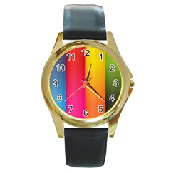 Rainbow Stripes Vertical Lines Colorful Blue Pink Orange Green Round Gold Metal Watch by Mariart