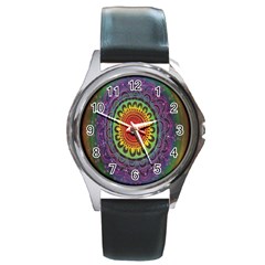 Rainbow Mandala Circle Round Metal Watch by Mariart