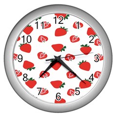 Red Fruit Strawberry Pattern Wall Clocks (silver)  by Mariart