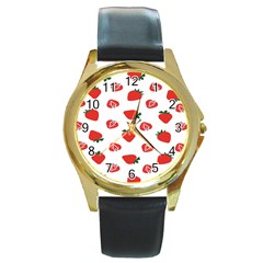 Red Fruit Strawberry Pattern Round Gold Metal Watch