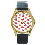 Red Fruit Strawberry Pattern Round Gold Metal Watch Front