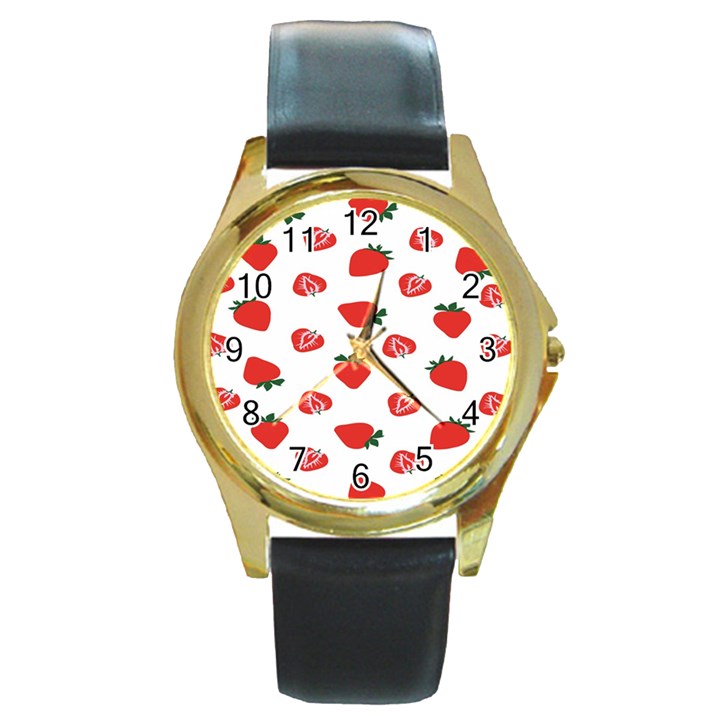 Red Fruit Strawberry Pattern Round Gold Metal Watch