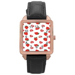 Red Fruit Strawberry Pattern Rose Gold Leather Watch 