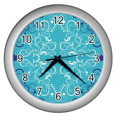 Repeatable Patterns Shutterstock Blue Leaf Heart Love Wall Clocks (silver)  by Mariart