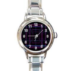 Retro Neon Grid Squares And Circle Pop Loop Motion Background Plaid Purple Round Italian Charm Watch by Mariart