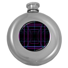 Retro Neon Grid Squares And Circle Pop Loop Motion Background Plaid Purple Round Hip Flask (5 Oz)