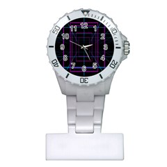 Retro Neon Grid Squares And Circle Pop Loop Motion Background Plaid Purple Plastic Nurses Watch by Mariart