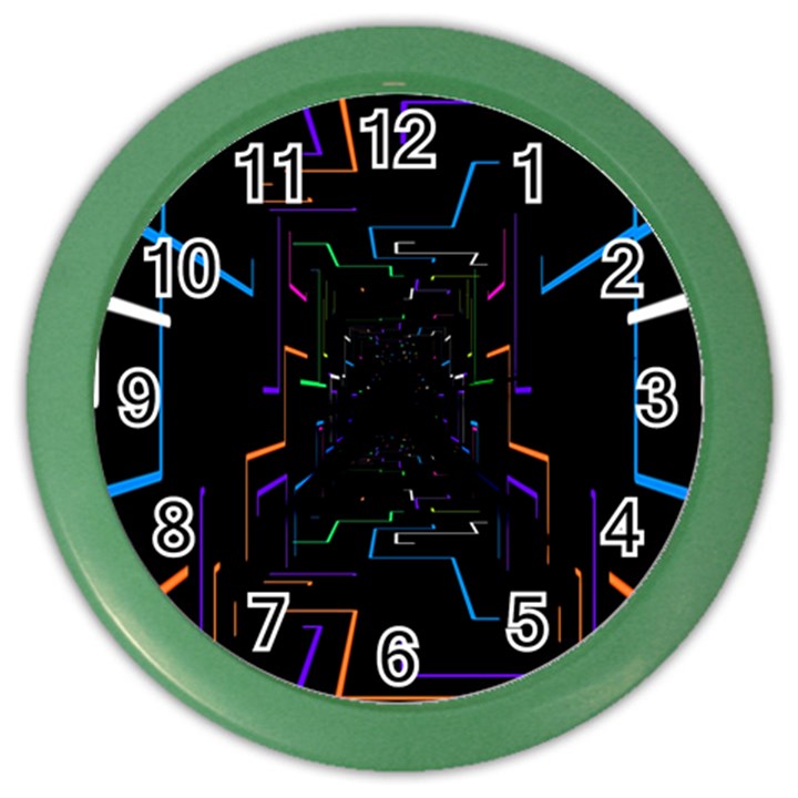 Seamless 3d Animation Digital Futuristic Tunnel Path Color Changing Geometric Electrical Line Zoomin Color Wall Clocks