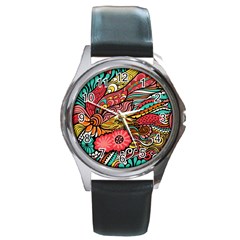 Seamless Texture Abstract Flowers Endless Background Ethnic Sea Art Round Metal Watch