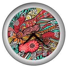 Seamless Texture Abstract Flowers Endless Background Ethnic Sea Art Wall Clocks (silver)  by Mariart