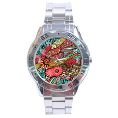 Seamless Texture Abstract Flowers Endless Background Ethnic Sea Art Stainless Steel Analogue Watch