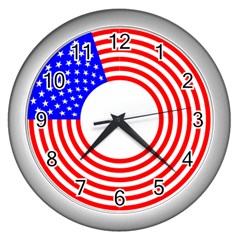 Stars Stripes Circle Red Blue Wall Clocks (silver) 