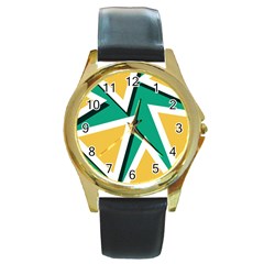 Triangles Texture Shape Art Green Yellow Round Gold Metal Watch by Mariart