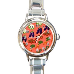 Vegetable Carrot Tomato Pumpkin Eggplant Round Italian Charm Watch by Mariart