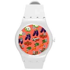 Vegetable Carrot Tomato Pumpkin Eggplant Round Plastic Sport Watch (m) by Mariart