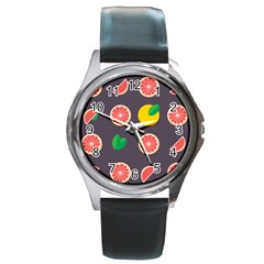 Wild Textures Grapefruits Pattern Lime Orange Round Metal Watch