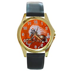 Steampunk, Wonderful Wild Steampunk Horse Round Gold Metal Watch by FantasyWorld7