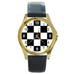 Grid Domino Bank And Black Round Gold Metal Watch by Nexatart