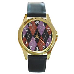 Knit Geometric Plaid Fabric Pattern Round Gold Metal Watch by paulaoliveiradesign