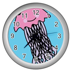 Jellyfish Cute Illustration Cartoon Wall Clocks (silver)  by Nexatart