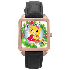 Bear Strawberries Rose Gold Leather Watch  by Nexatart