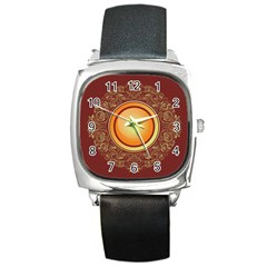 Badge Gilding Sun Red Oriental Square Metal Watch by Nexatart