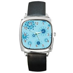 Blue Winter Snowflakes Star Square Metal Watch by Mariart