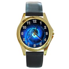 Blue Black Hole Galaxy Round Gold Metal Watch