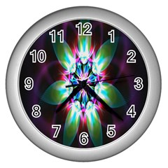 Colorful Fractal Flower Star Green Purple Wall Clocks (silver) 