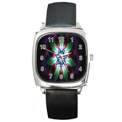 Colorful Fractal Flower Star Green Purple Square Metal Watch by Mariart