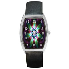 Colorful Fractal Flower Star Green Purple Barrel Style Metal Watch by Mariart