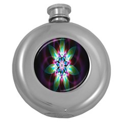 Colorful Fractal Flower Star Green Purple Round Hip Flask (5 Oz) by Mariart